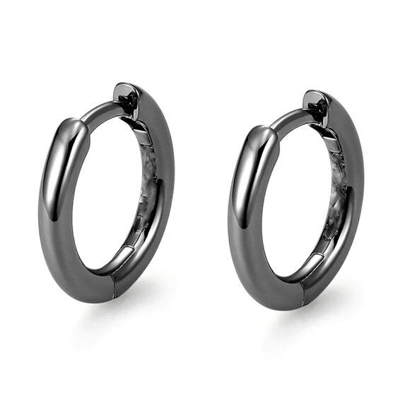 Classic Elegant Pure Solid 925 Sterling Silver Black Small Hoop Earrings - Picture 1 of 6